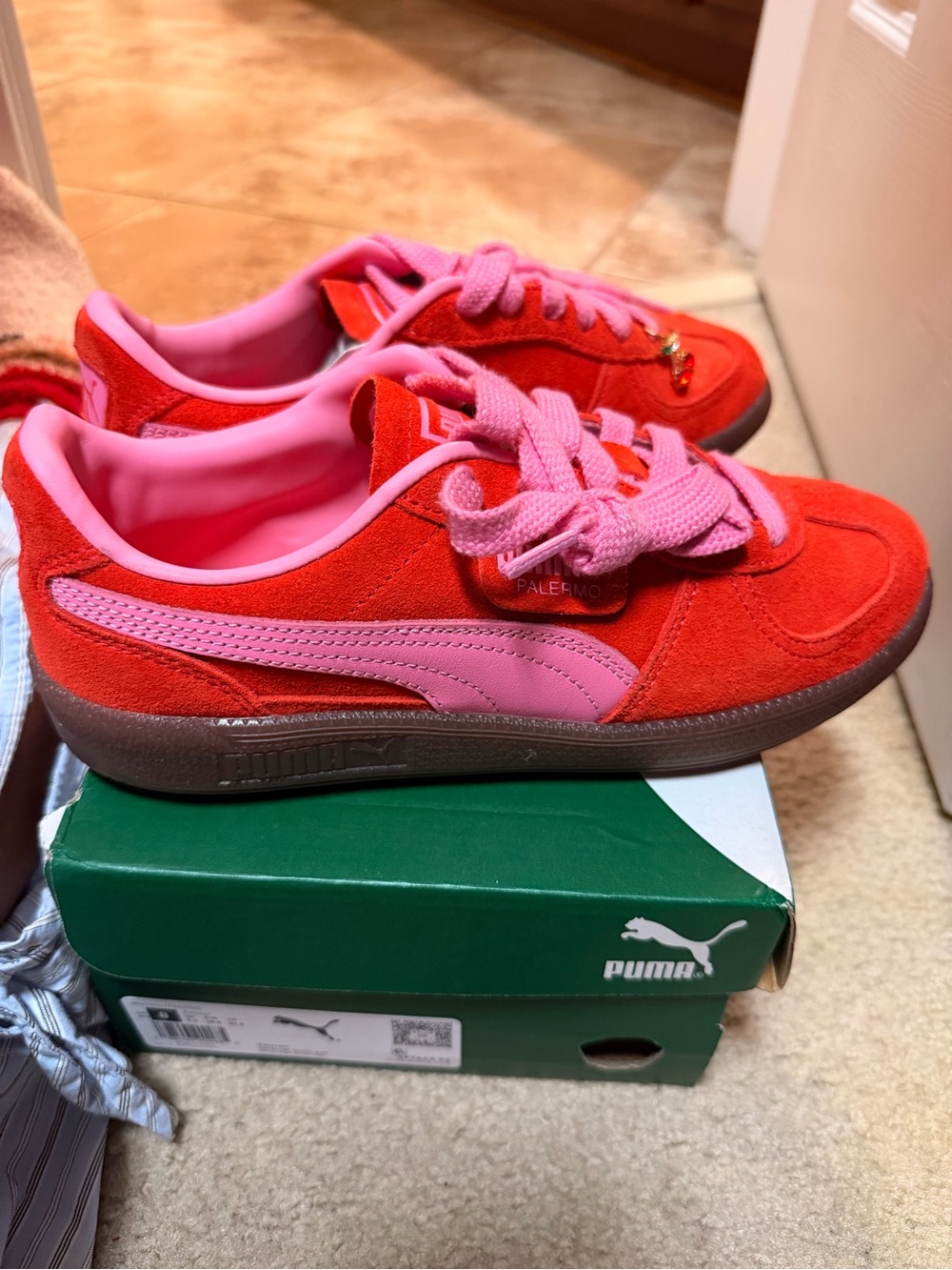 Puma Kids Red and Pink Suede Low-Top Sneakers